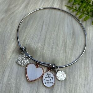 Heart faceted rhinestones charms silver tone bangle bracelet